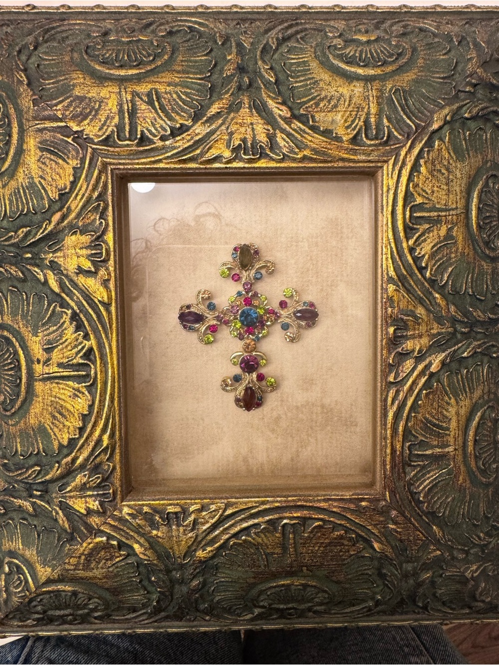 Swarovski Jeweled Cross Artwork in Gold with Multicolor Stones